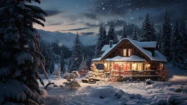 Winter landscape with snow covered house. seamless looping 4k time-lapse virtual video animation background