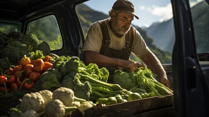 Farmer Loading Van With Freshly Harvested Vegetables - obrazy, fototapety, plakaty