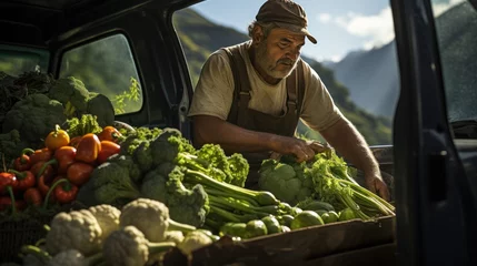 Keuken spatwand met foto Farmer Loading Van With Freshly Harvested Vegetables © sirisakboakaew