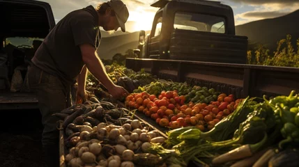 Zelfklevend Fotobehang Farmer Loading Van With Freshly Harvested Vegetables © sirisakboakaew