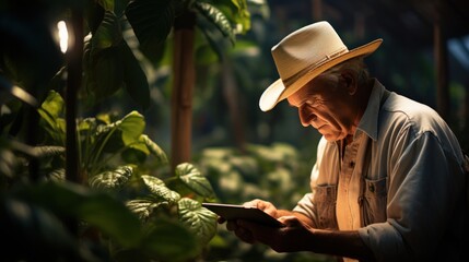 Farmer using the tablet in papaya garden
