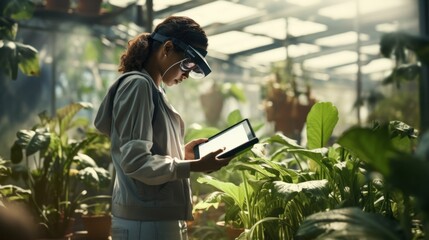 Naklejka na ściany i meble Female farm worker uses digital tablet with virtual artificial intelligence