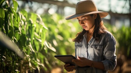 Female farm worker uses digital tablet with virtual artificial intelligence
