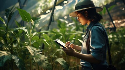 Female farm worker uses digital tablet with virtual artificial intelligence - obrazy, fototapety, plakaty