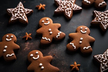 Many different gingerbread cookies on black background. Christmas greeting card with cinnamon cookies with icing decoration. Gingerbread man. Holiday baking concept. Top view, flat lay, copy space