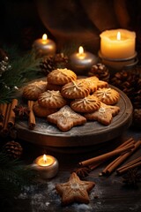 Many different cookies on black background. Christmas greeting card with cinnamon  gingerbread cookies with icing decoration, fir tree branches. Holiday baking concept. Top view with copy space