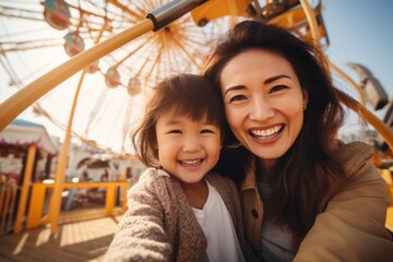 Beautiful young Asian mother taking a selfie with her cute daughter on a ferris wheel - obrazy, fototapety, plakaty