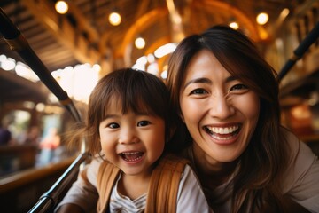 Beautiful young Asian mother taking a selfie with her cute daughter on a ferris wheel - obrazy, fototapety, plakaty