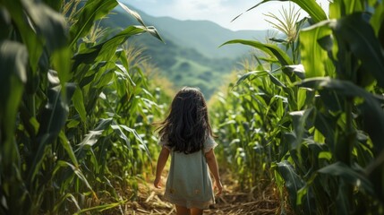 Rear view of a cute young Asian girl walking through a corn field. - obrazy, fototapety, plakaty