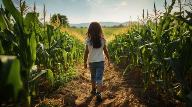 Rear view of a cute young Asian girl walking through a corn field.