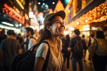 Muurstickers Traveler asian enjoying and walking at street city on night time. © sirisakboakaew