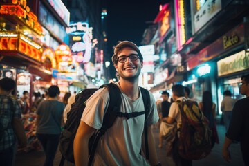Traveler asian enjoying and walking at street city on night time.