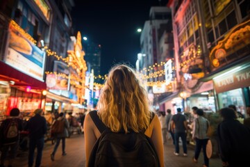 Fototapeta na wymiar Traveler asian enjoying and walking at street city on night time.