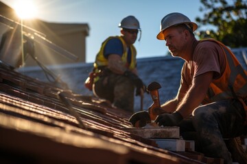 Two construction workers installing roof tiles at construction building - obrazy, fototapety, plakaty