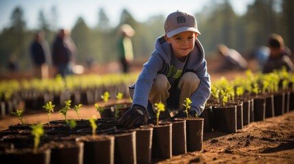 Young boy volunteering to plant seedlings at a reforestation event