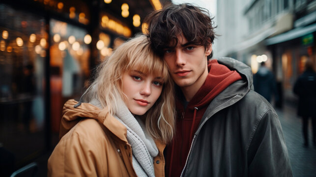 couple young lovers modern generation z embrance on the street relationship