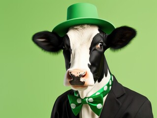 Portrait photorealistic of anthropomorphic fashion Cow dressed for St. Patrick's Day isolated on solid green background. Creative animal concept.