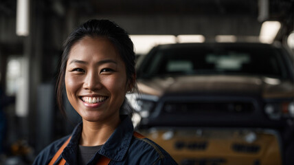 Portrait of proud car mechanic woman smiling and looking at camera. Car repair and maintenance service, Destroying gender stereotypes, gender equality at work, space por text