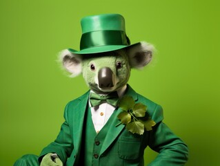 Portrait photorealistic of anthropomorphic fashion  Koala dressed for St. Patrick's Day isolated on solid green background. Creative animal concept.