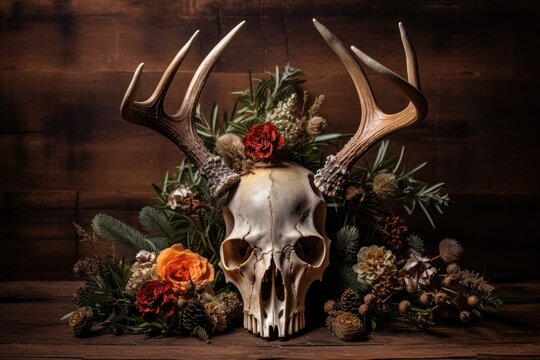 Elk scull with horns and wheat and flowers on wooden background. Outdoor decorations. Pagan Christmas, New Year, Yule. Psychedelic ethnic element. Mystical design for print, card, poster, decor