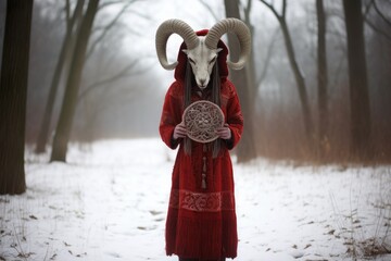 Shaman wearing in horn animal skull and red cloak on blurred winter landscape. Mystical ritual of death. Sacred objects for ancient pagan rites. Slavic or Scandinavian culture ritual