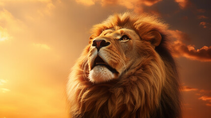 Beautiful majestic lion looking up into a sunset sky. Proud dreaming noble lion. generative ai