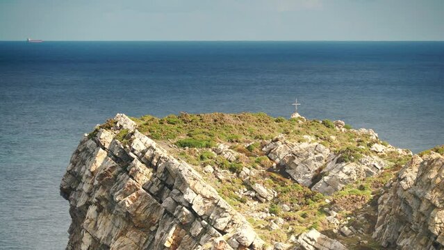 Seascape of Atlantic ocean and Asturias rocky coast at Cape Penas. Sea shore with high cliffs in north Spain.