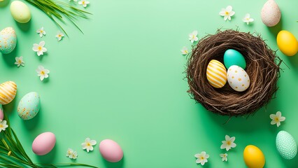 Easter poster and banner template with Easter eggs in the nest on light green background.Greetings and presents for Easter Day