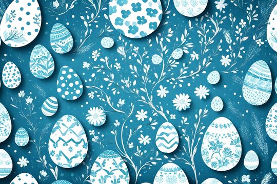 Happy easter template with blue, white rustic floral eggs, dotted background.Design layout for invitation, card, menu, flyer, banner, poster, voucher. Elegant design 