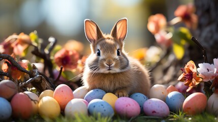 Fototapeta na wymiar Cute easter rabbit sitting in fresh grass with colored easter eggs.