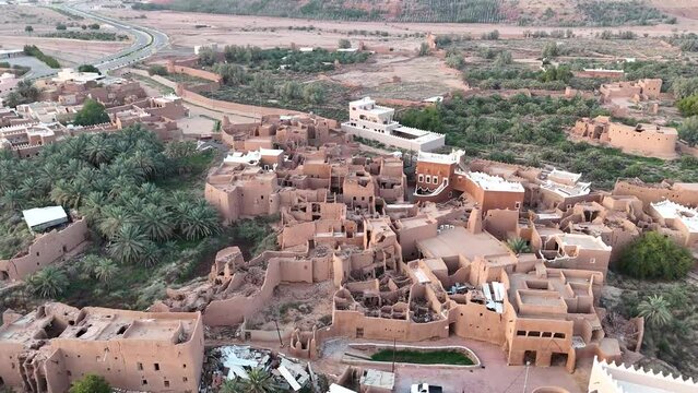 Aerial flying over Ushaiger Heritage Village, Saudi Arabia
