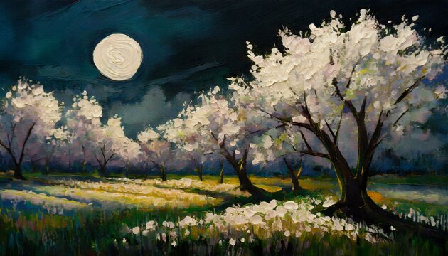  a mystical night scene where moonlight bathes a field of blooming sakura trees, their petals reflecting the soft, ethereal glow against the tranquil night sky.