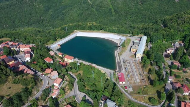 Aerial view of Ligonchio village and its lake of the hydroelectric plant. Reggio Emilia / Italy