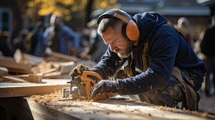 professional worker in yellow helmet using a circular saw to cut a wooden board at a construction site .