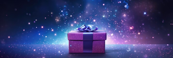 Stylish purple gift box with violet ribbon bow on dark blue background with lights and sparkles....