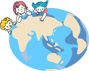 地球を俯瞰して眺める3人の小学生　イラスト素材	
