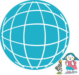 花に止まるチョウを見る小学生と地球　イラスト素材
