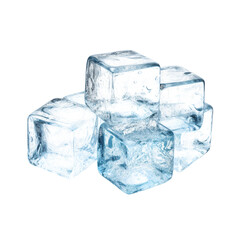 A pile of ice cubes with water splashing out of them isolated PNG. Concept of coldness and refreshment