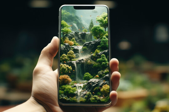 Smartphone in hand with a blurred background of waterfall and plants. Virtual reality.