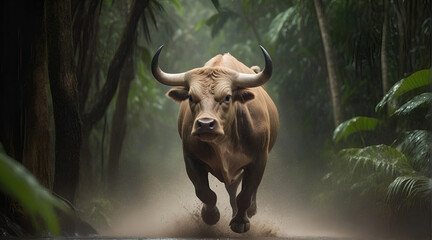 Bull's attack, Realistic images of wild animal attacks - obrazy, fototapety, plakaty
