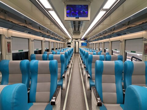 Solo, Indonesia. December 4, 2023.  Interior of the Argo Lawu executive train on the Solo - Jakarta route