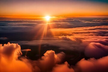 Sunset, sunrise, sky with clouds at twilight, dusk, dawn, flying above the clouds, over the clouds,...
