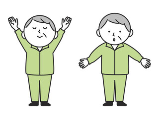 長袖のトレーニングウェアを着て体操や深呼吸をしているシニア男性