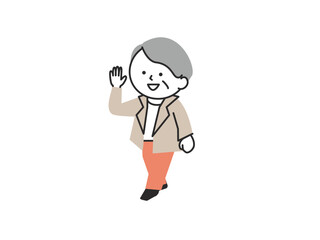 手をあげて挨拶をしているスーツを着たシニア女性