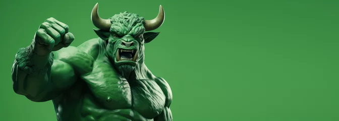 Fotobehang Muscle bull gesture fist pump, bull showing fighting pose on green background, bullish divergence in stock market and cryptocurrency trading © CYBERUSS