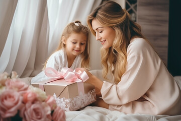 Scene concept for Mother's Day and other holidays. Mom and daughter open a gift, a large box tied with a pink ribbon and a bow.