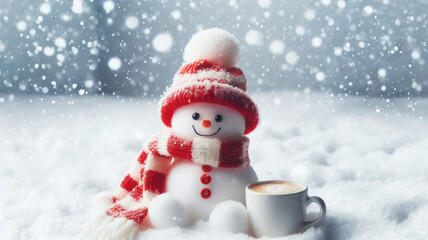 Naklejka na ściany i meble snow scene with a snowman sitting in the snow wearing a red and white hat and scarf. The snowman is smiling, there is a cup of hot drink next to him. The general scene creates a cozy and festive atmos
