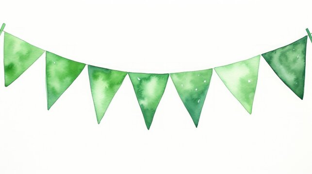 Simple watercolor rendering of a St Patrick's Day banner with green flags. Copy space card.