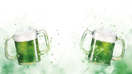 Watercolor background of two green beer mugs. St. Patrick's Day illustration background. Card with copy space. - obrazy, fototapety, plakaty