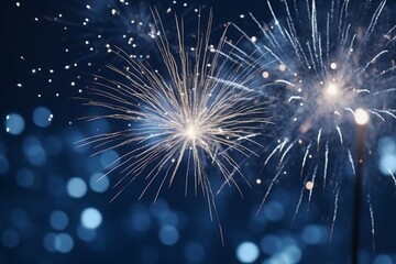 Obraz premium Colourful fireworks blue salute new year 2024 magic night traditional culture bright light effects show illuminated winter celebrate december sky fire bang flash sparkle burst pyrotechnics atmospheric